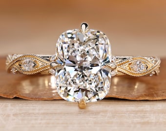 Vintage Art Deco Style Cushion Diamond Engagement Ring in Infinity Milgrain Setting, Tulip Basket Set Wedding Ring, Handmade by Diamondrensu