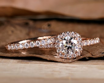 1.50 TCW Round Brilliant Cut Lab Diamond Wedding Ring Set, Halo Engagement Ring, Matching Half Eternity Band, Lab Grown Diamond Bridal Set