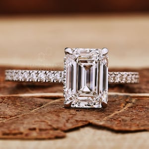 Emerald Cut Diamond Ring, Hidden Halo Ring, 0.50 - 2.0 CT Lab Grown Diamond Engagement Ring, Pave Wedding Ring, Ring for Women, Gift for Her
