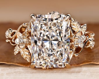 Nature Inspired Radiant Cut Lab Grown Diamond Engagement Ring, Floral Leaf Wedding Ring, 5-10 ct IGI Certified Diamond, Anniversary Gift