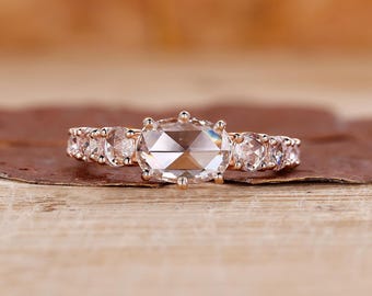 Cushion Rose Cut Diamond Tapered Pave Ring, Side Round Rose Cut
