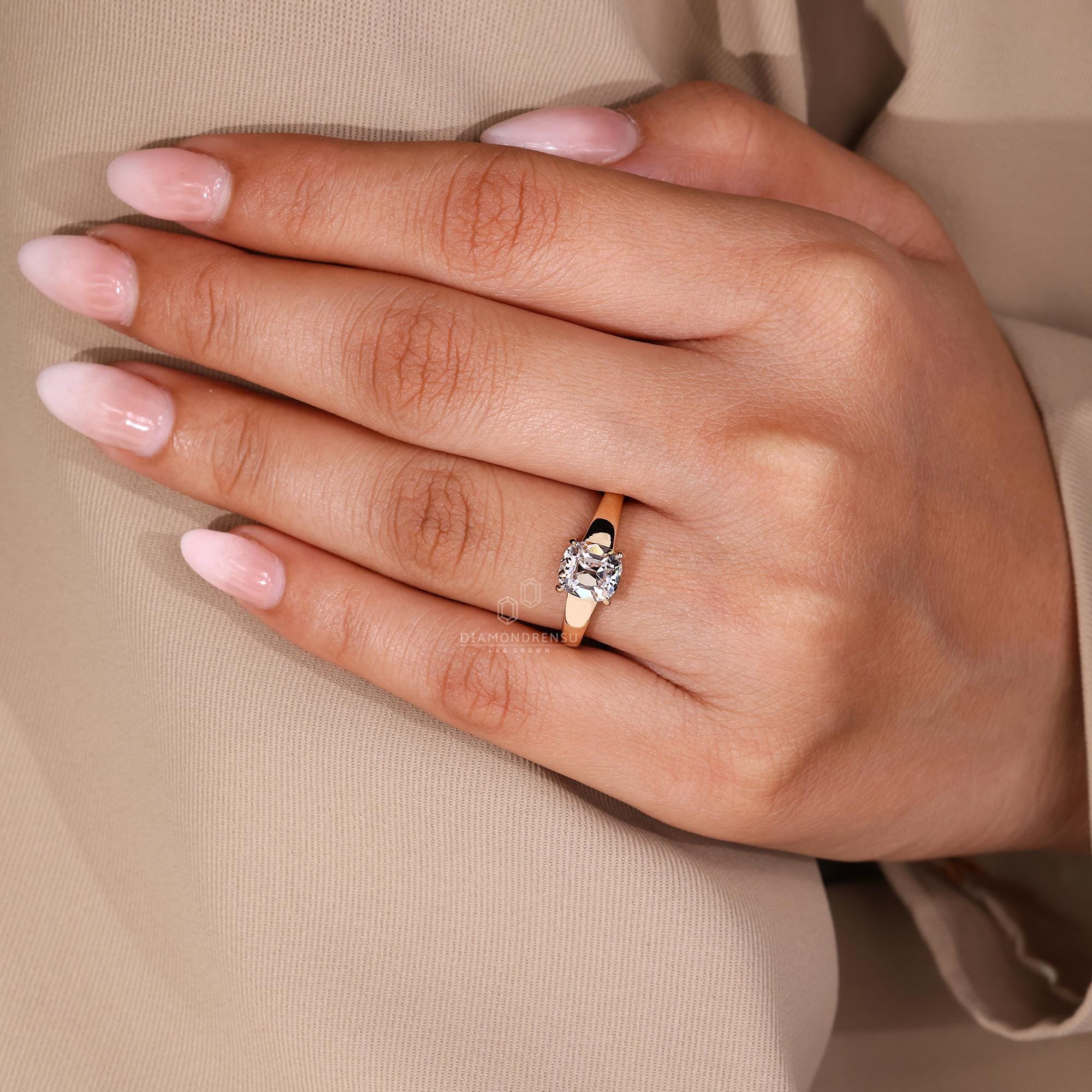 Cushion Old Mine Cut Diamond Solitaire Engagement Ring, Tapered Shank ...