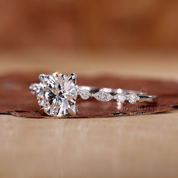 Lab Created Diamond Engagement Ring with Marquise and Round Pave Band, IGI Certified Round, Claw Prong Ring, CVD Diamond Ring, Handmade Ring