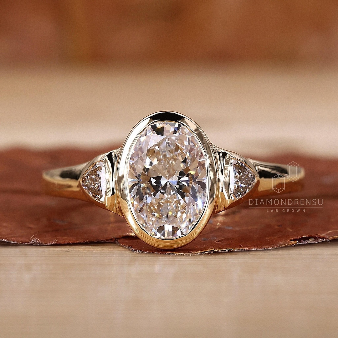 2 Carat Oval Three Stone Diamond Engagement Ring for Women, Bezel Set ...