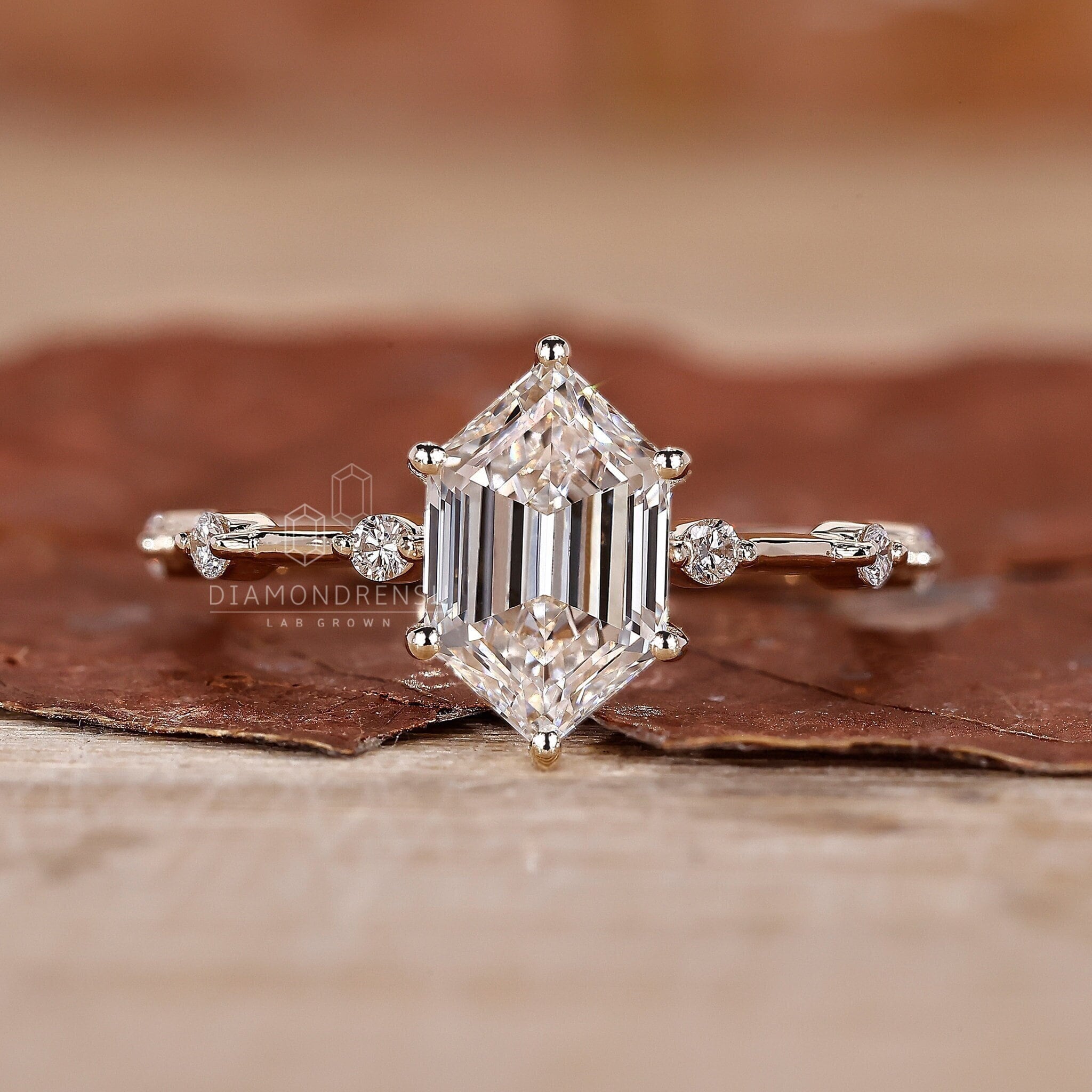 Elongated Hexagon Diamond Engagement Ring IGI Certified 1 to 2 Ct Lab Grown Diamond Distance Pave Yellow white rose Gold Gifts for Women Etsy