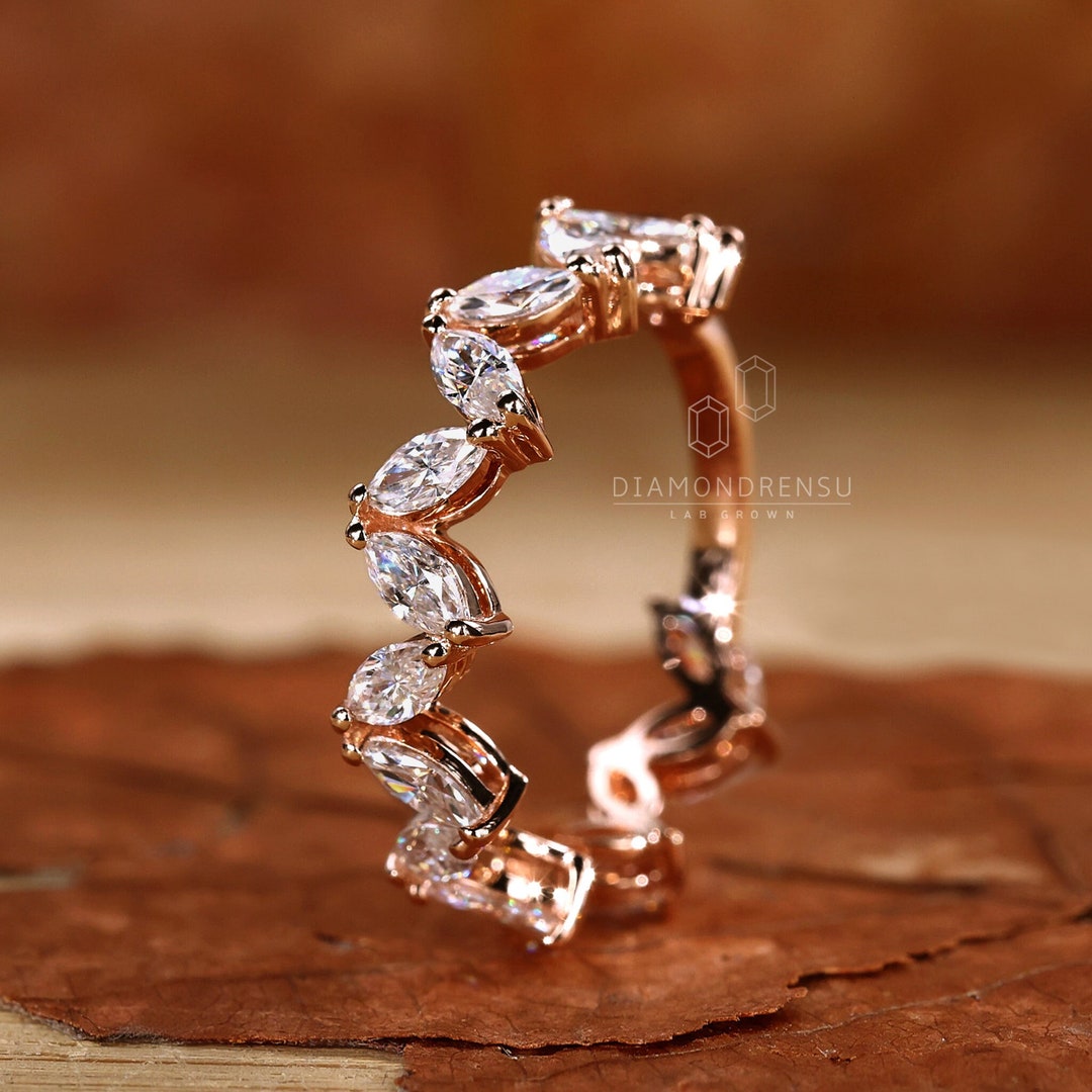 Marquise Cut Lab Grown Diamond Wedding Band, 3/4 Eternity Diamond Band ...
