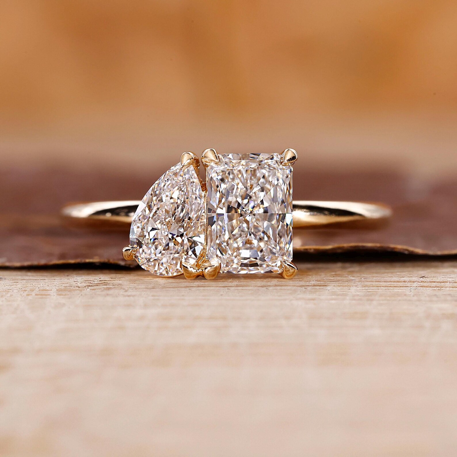 Radiant and Pear Cut Diamond Toi Et Moi Engagement Ring, Two Stone Radiant and Pear Cut Diamond Toi Et Moi Engagement Ring, Two Stone