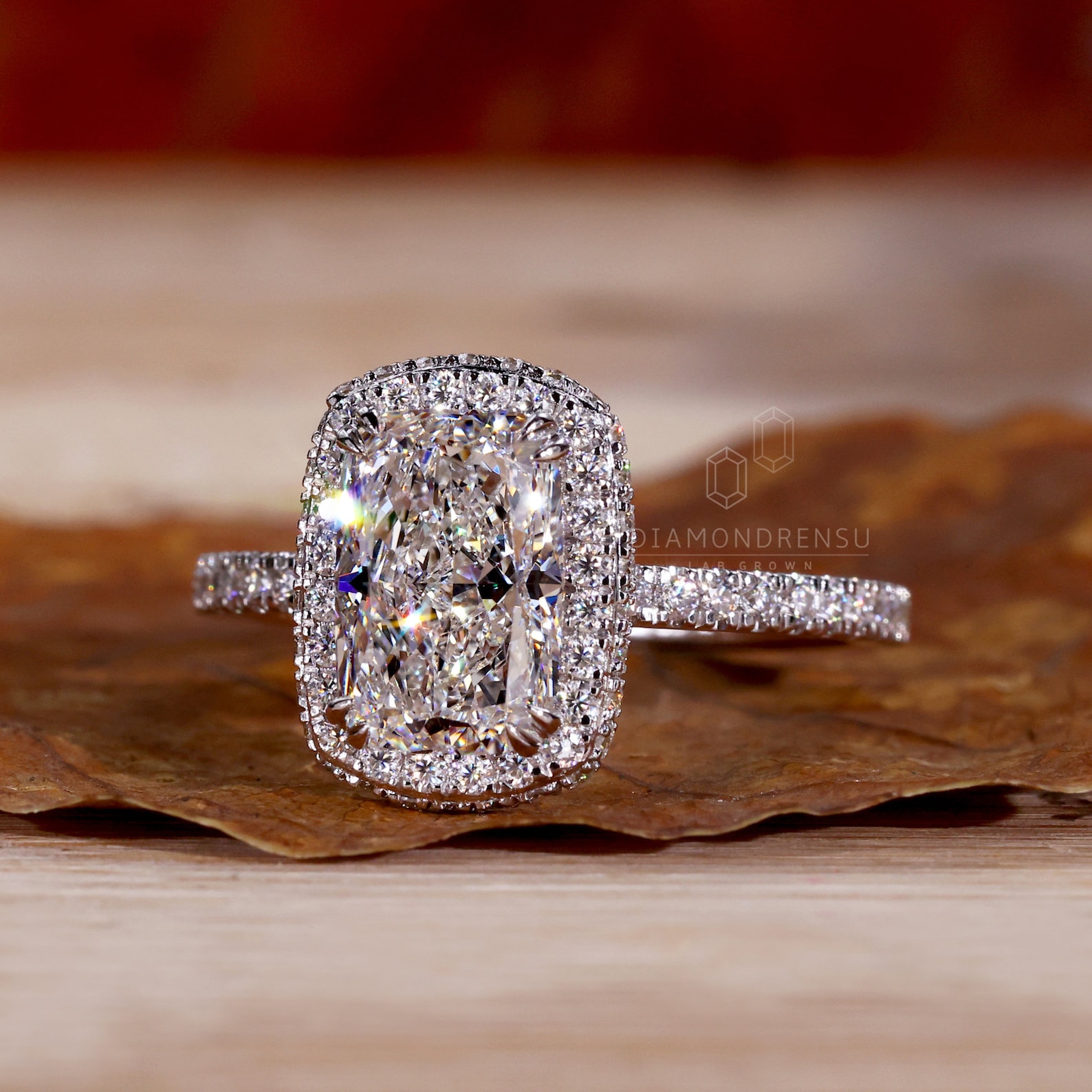 2.01 Cushion Cut Lab Grown Diamond Ring Halo Engagement Ring Etsy