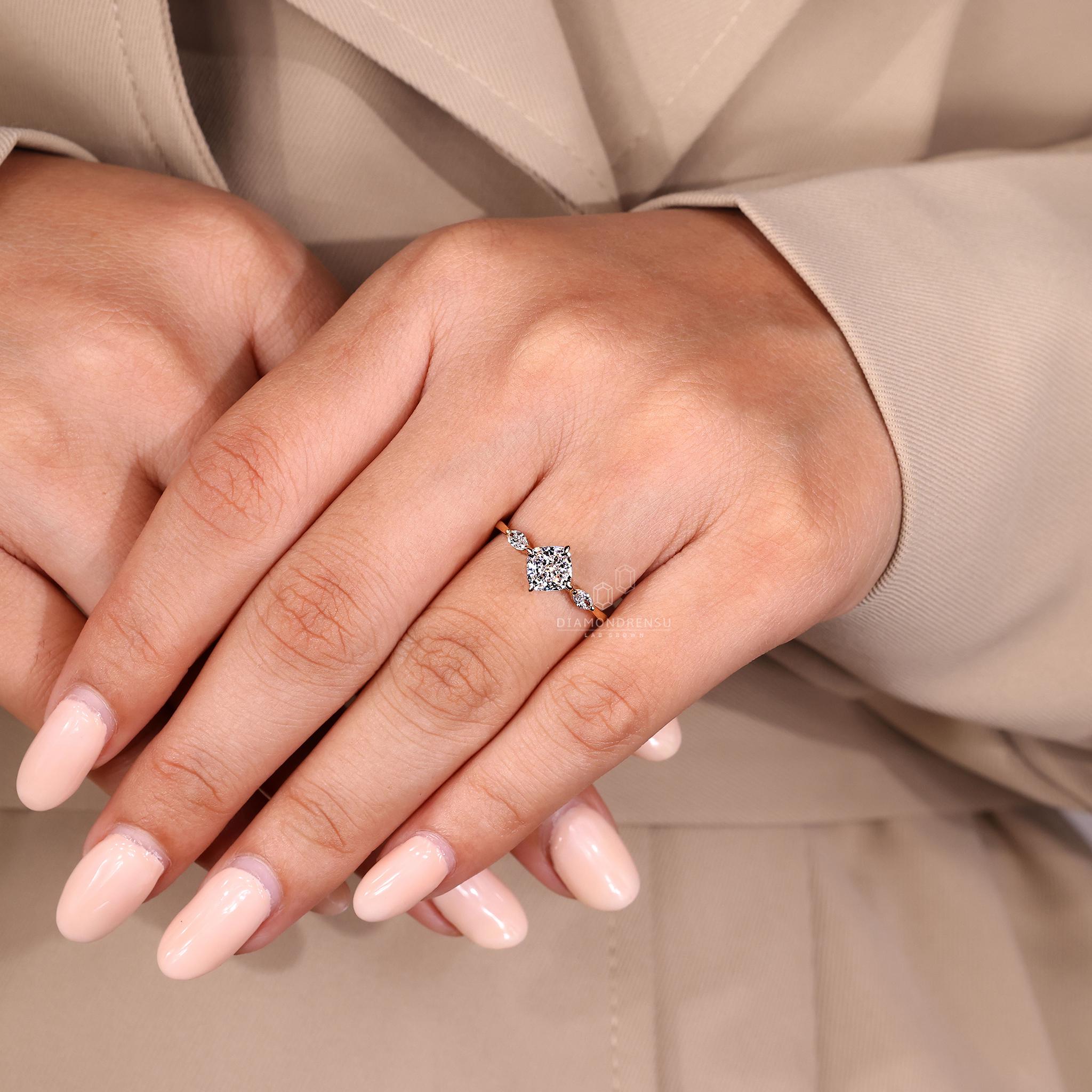 Diagonal Cushion Cut Diamond 3 Stone Engagement Ring, Side Marquise Lab ...