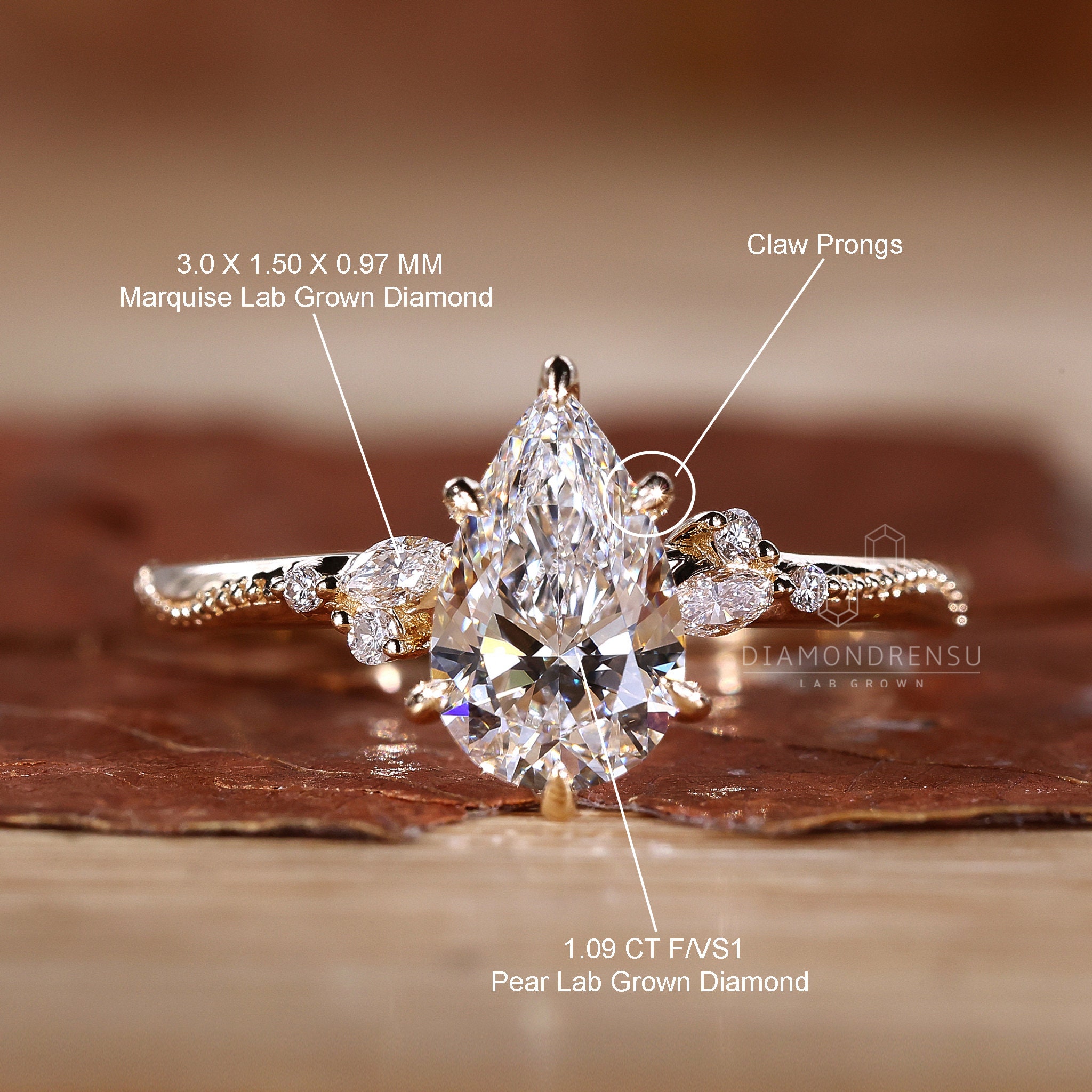 ペアカットの婚約指輪、ラボグロウンダイヤモンドリング、Diamondrensu 