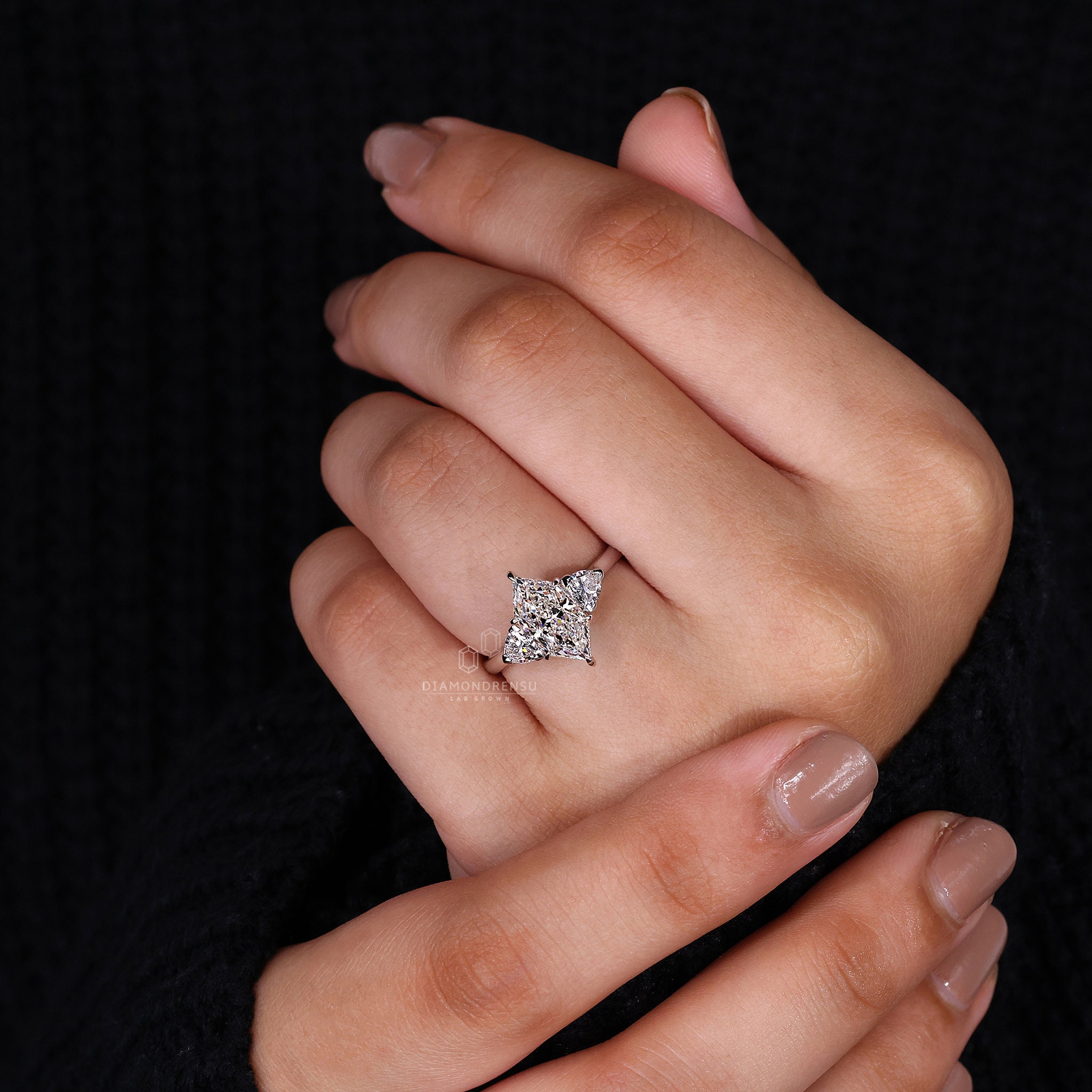 Dutch Marquise Cut Lab Grown Diamond Engagement Ring, Three Stone Ring ...
