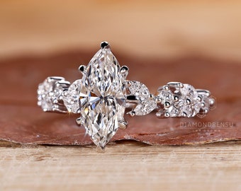 Unique Marquise Lab Grown Diamond Engagement Ring, IGI Certified Marquise with Side Stones, Wedding Ring for Her, Handmade Anniversary Gifts