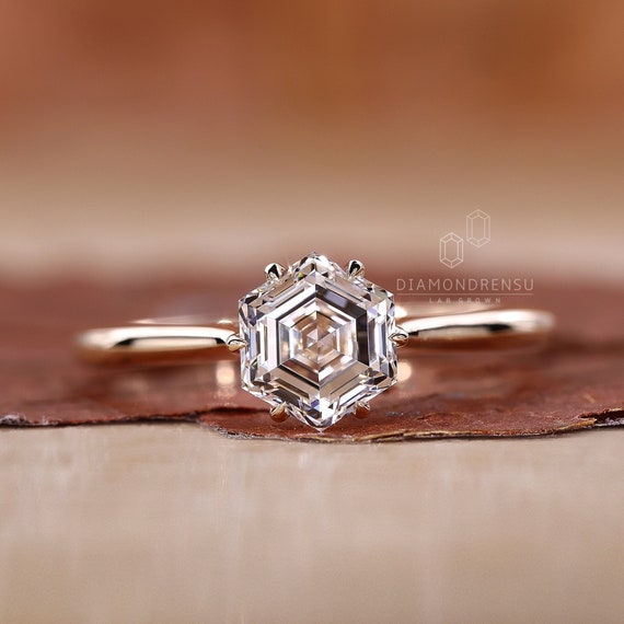 Hexagon Diamond Solitaire Engagement Ring, to ct Lab Grown Diamond IGI  Certified, Floral Basket Setting, Anniversary Gifts, Wedding Ring