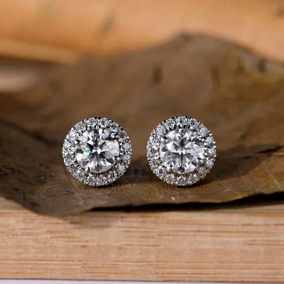 1.54 TW Round Diamond Stud Earrings, EF/VS Lab Created Diamond Halo Wedding Earrings, Diamond Studs for Women, Screw/Push Back Earrings