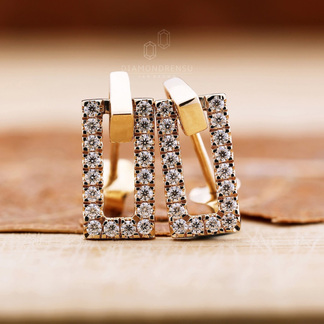 Rectangular Rounded Earrings Round Diamond Dangle Earrings, Rectangle Shape Diamond Earrings ...