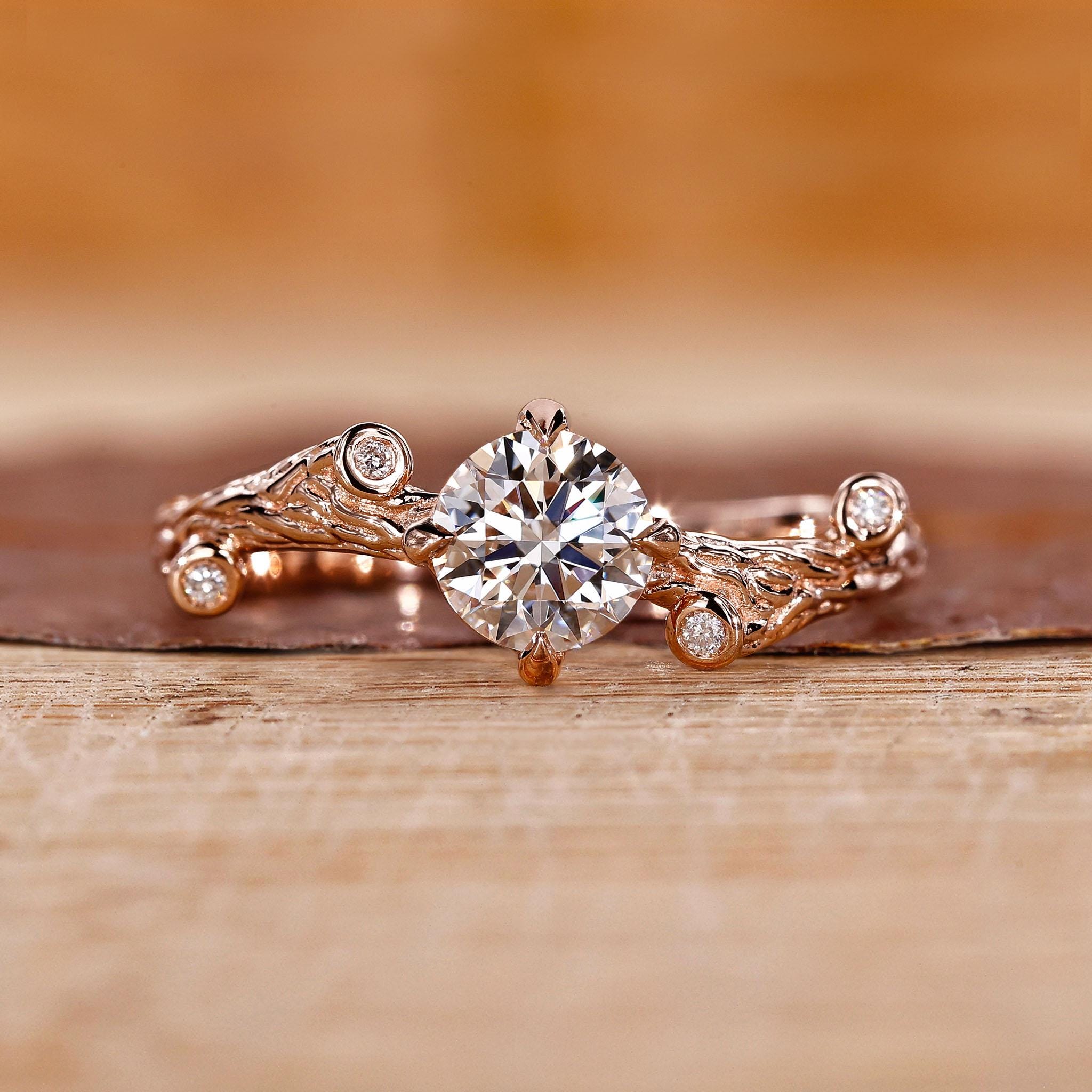 Nature Inspired Engagement Ring in Round Lab Grown Diamond, Nature Inspired Tree Branch Wedding Ring for Women, Handmade by Diamondrensu