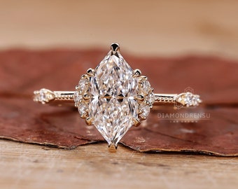 Dutch Marquise Cut Vintage Style Diamond Engagement Ring, 1 to 3 ct Lab Grown Diamond Ring, Wedding Ring for Her, Claw Prongs, Handmade Ring