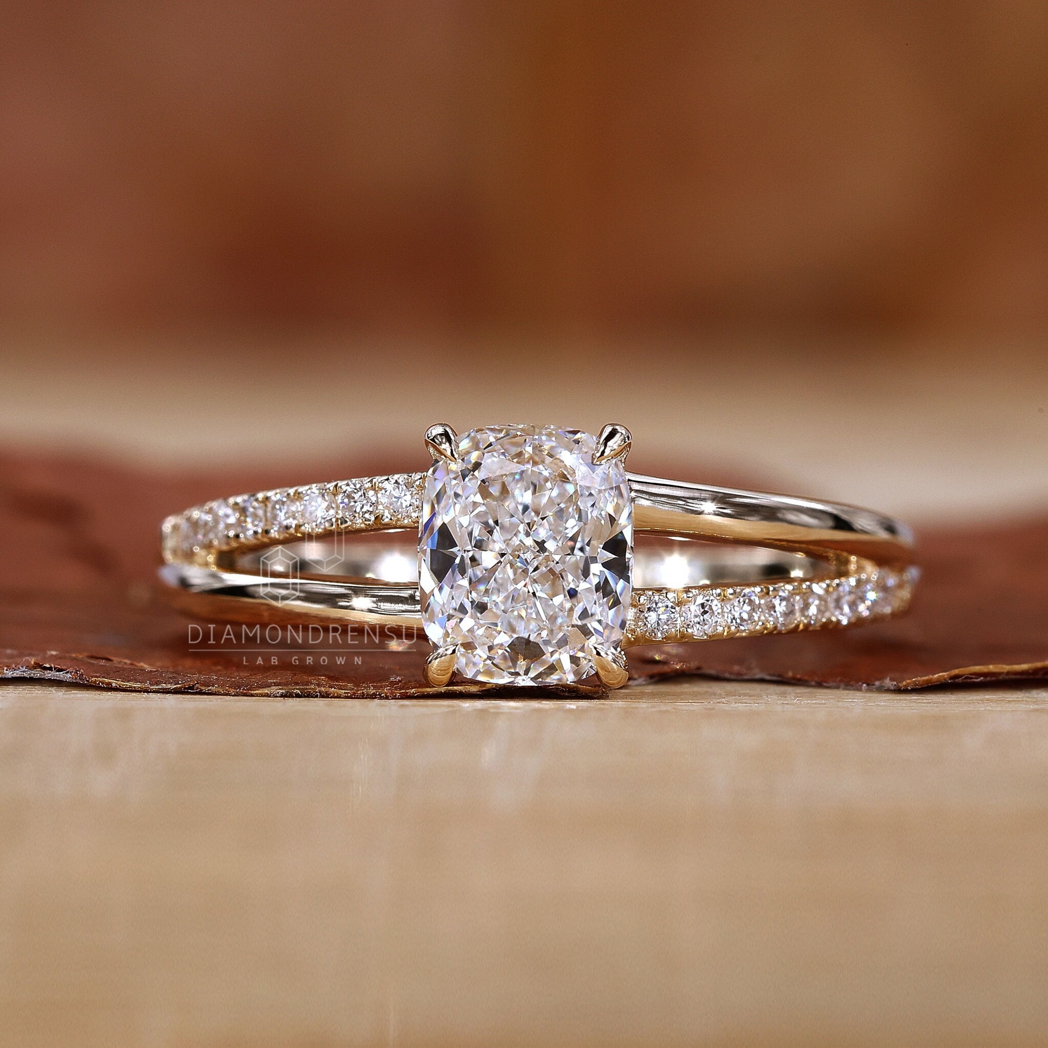 Elongated Cushion Cut Engagement Ring, Split Shank Pave Wedding Ring ...