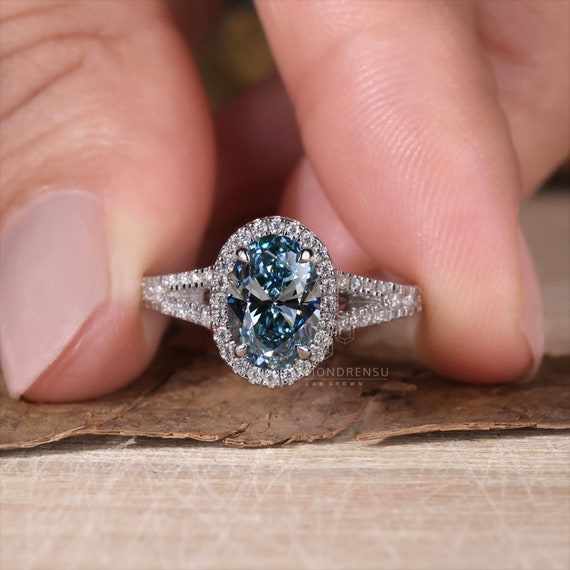Oval Shaped Blue Diamond Ring, 1.16 CT Oval Lab Grown Diamond Engagement Ring, Halo/Split Band Ring, Blue Color Diamond Ring, Certified Ring