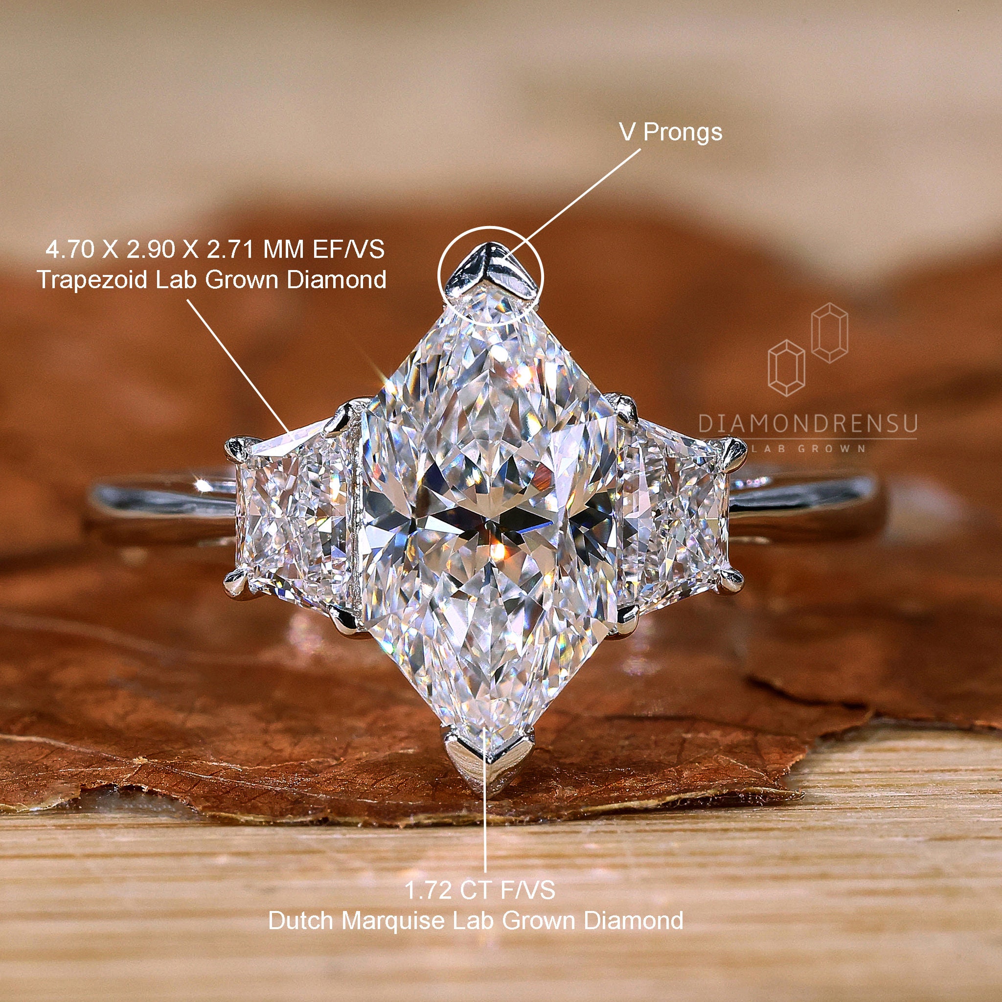 Dutch Marquise Cut Lab Grown Diamond Ring, Side Trapezoid Diamond