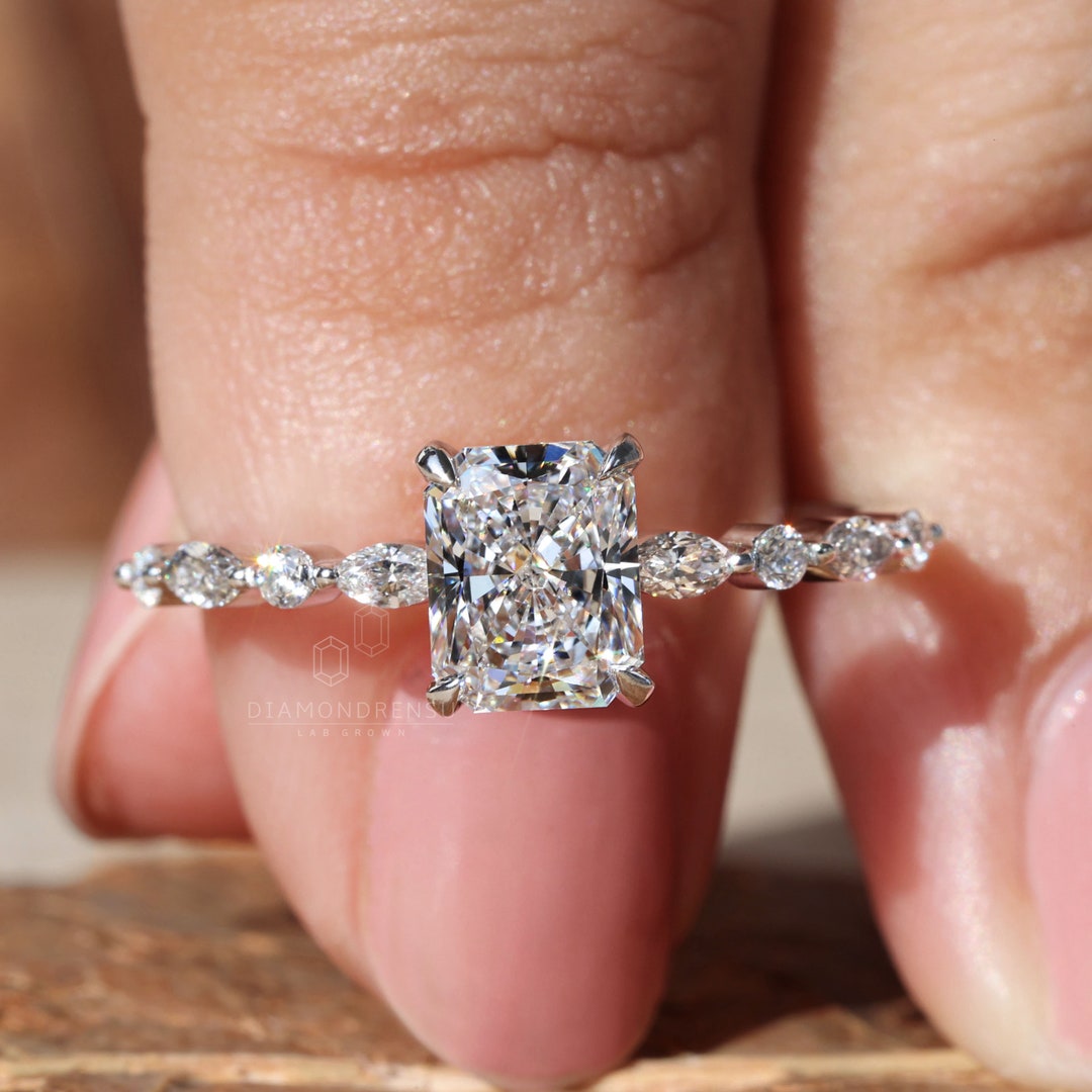 Radiant Cut Diamond Pave Engagement Ring, Side Marquise and Round