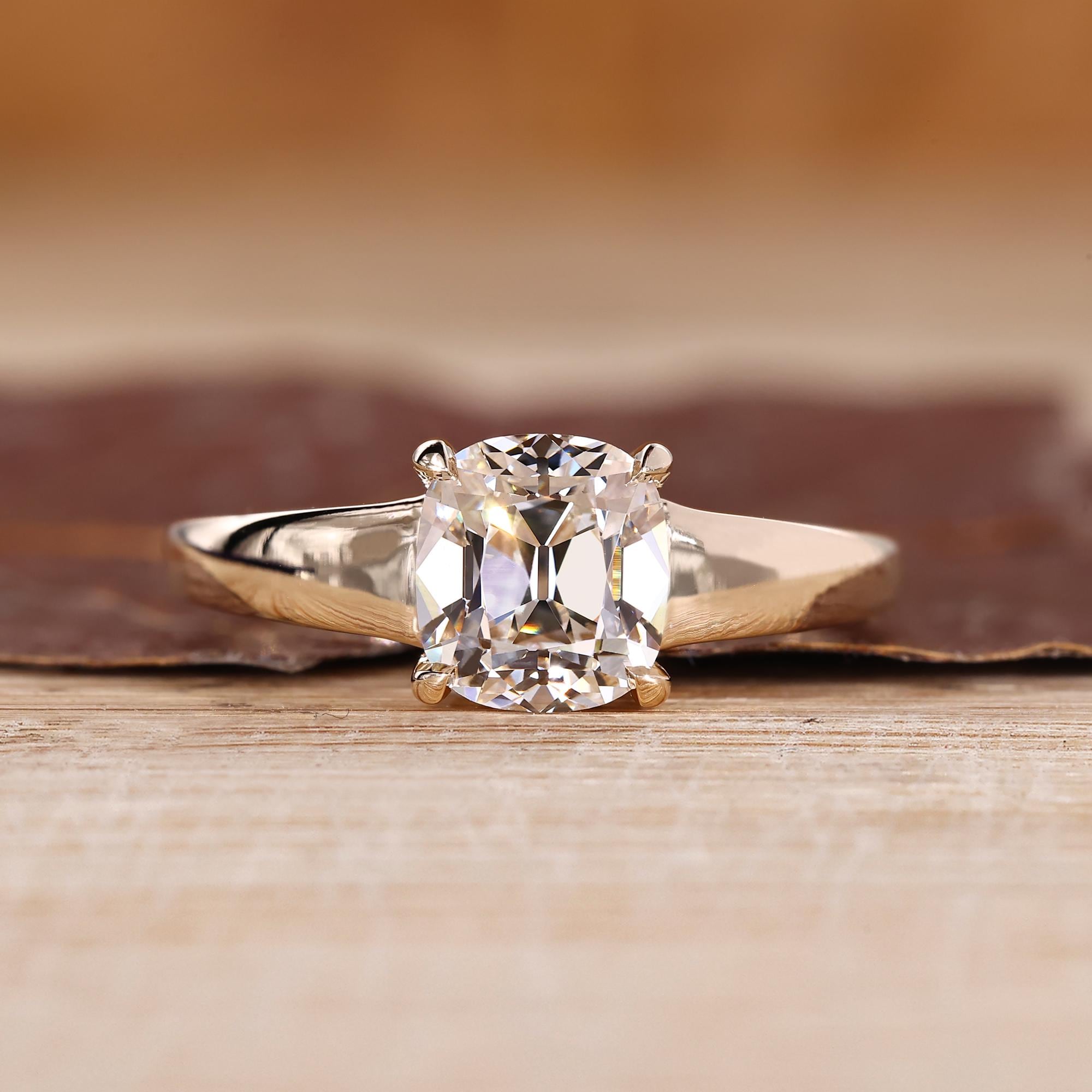 Cushion Old Mine Cut Diamond Solitaire Engagement Ring, Tapered Shank ...