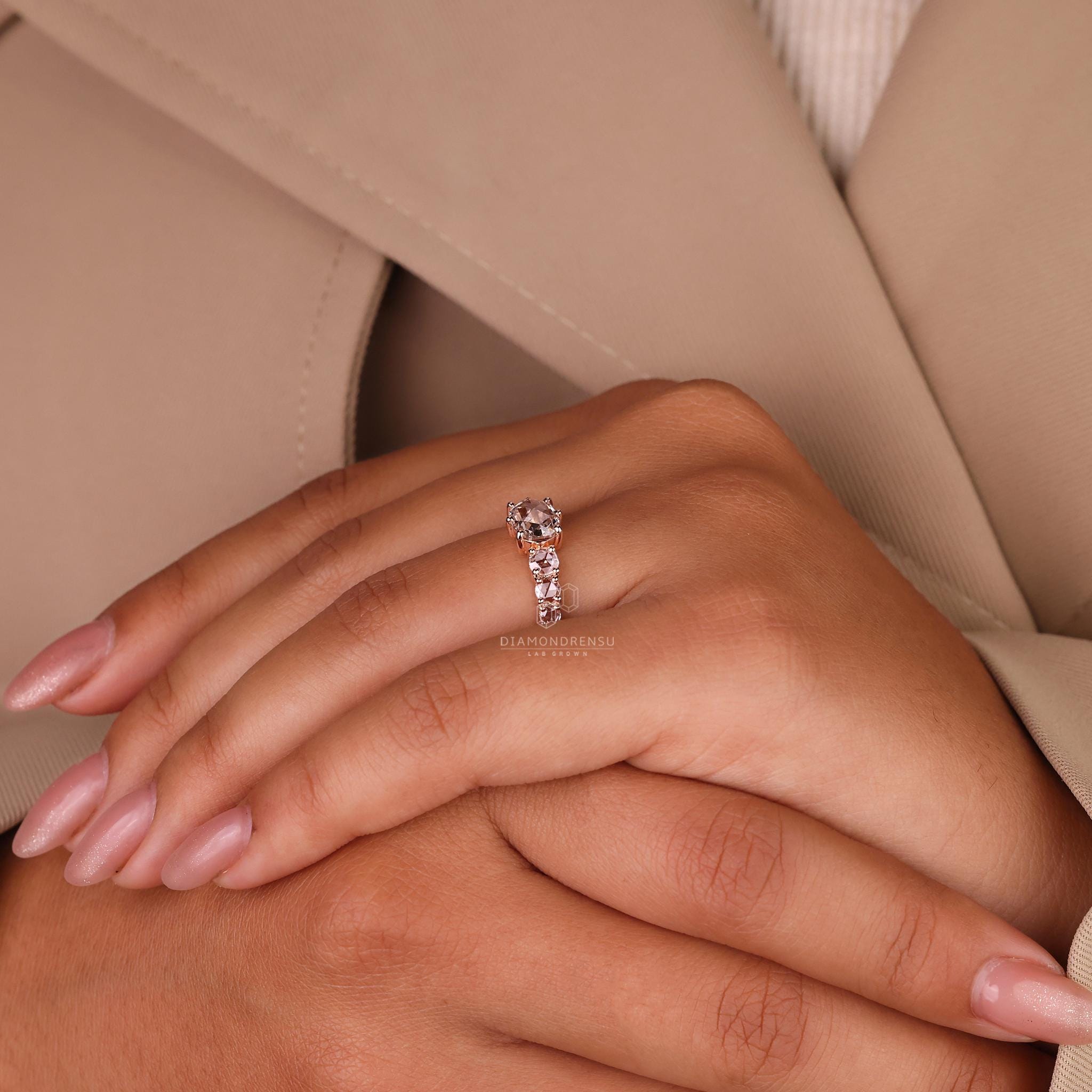 Cushion Rose Cut Diamond Tapered Pave Ring, Side Round Rose Cut