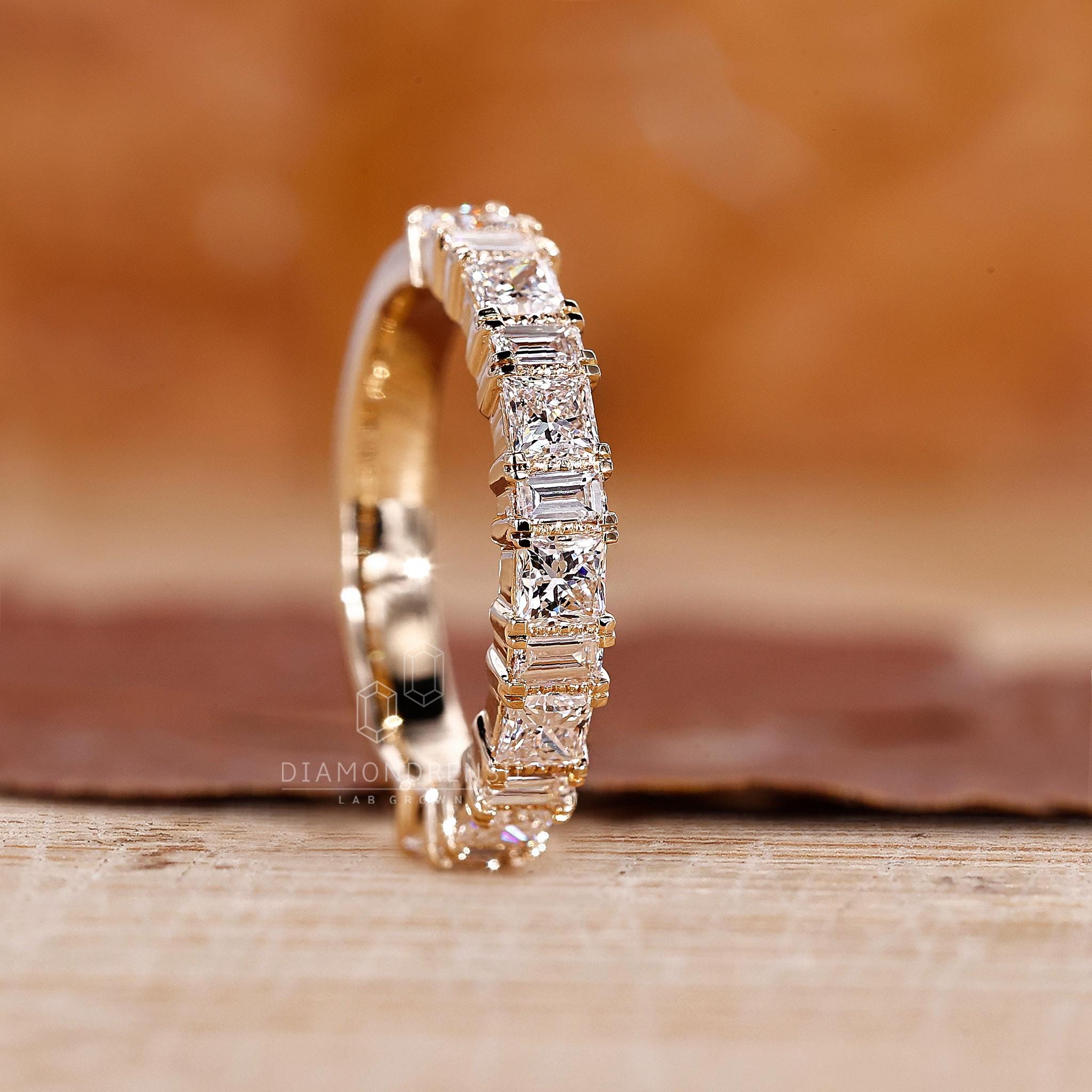 TOPGRILLZ Iced Out Wedding Band - Baguette & Oval CZ Diamond Ring, 14K Gold Plated, Stackable Anniversary Ring For Men/Women