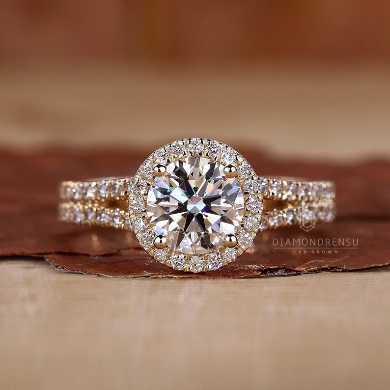 Round Diamond Halo Engagement Ring with a sparkling center, lab-created for brilliance