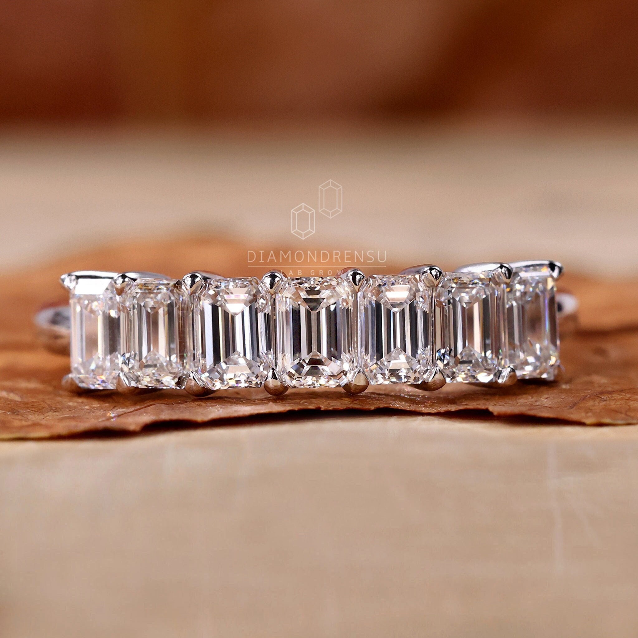1.45TW Emerald Cut Lab Grown Diamond Wedding Band, Seven Stone Diamond Band, Half Eternity Matching/Stackable Band, Anniversary Gift for Her