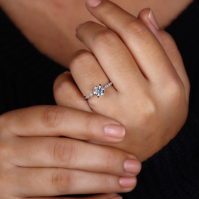 Gorgeous Lab Created Diamond Engagement Ring with a Marquise and Round Pave Band, radiating luxury