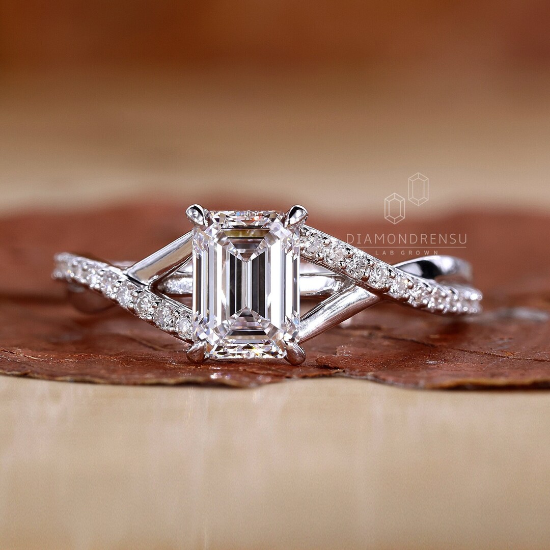 Emerald Cut Diamond Engagement Ring With Split Shank Pave Band, Lab ...
