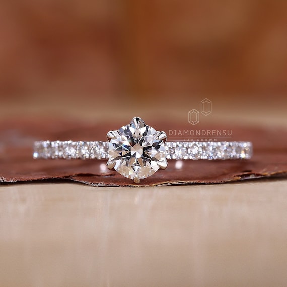 2 carat Round Diamond Ring, 6 Prong Engagement Ring, IGI Certified Lab Grown Diamond, Pave Wedding Ring, Handmade Jewelry, Anniversary Gifts