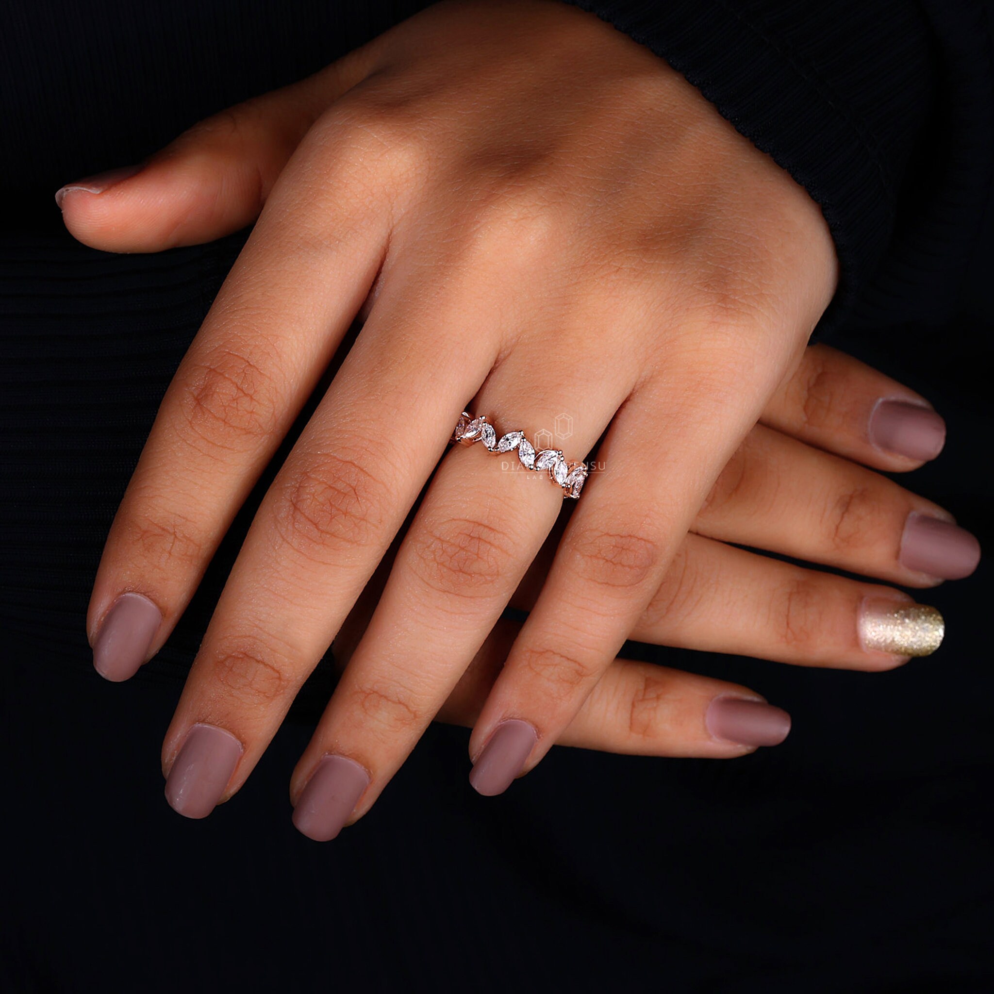 Marquise Cut Lab Grown Diamond Wedding Band, 3/4 Eternity Diamond Band ...
