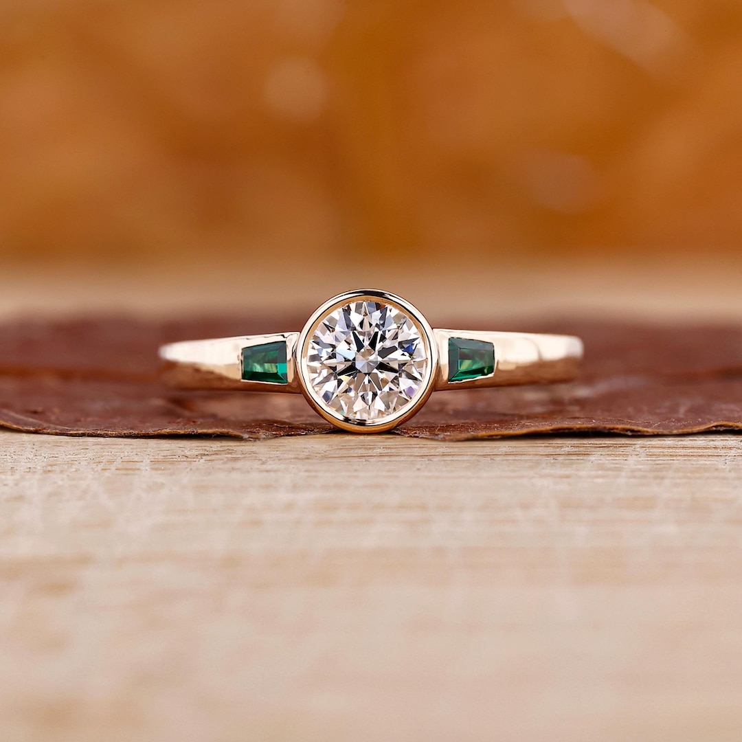 Round Diamond Three Stone Engagement Ring in Bezel Setting, Side ...