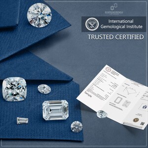 May include: A close-up of a diamond grading report from the International Gemological Institute (IGI) with a blue background and several diamonds of different shapes and sizes. The report includes a diagram of the diamond and its measurements. The IGI is a trusted and certified gemological institute.