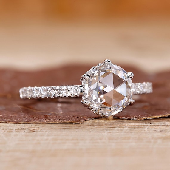 Round Rose Cut Diamond Hidden Halo Engagement Ring, Lab Grown
