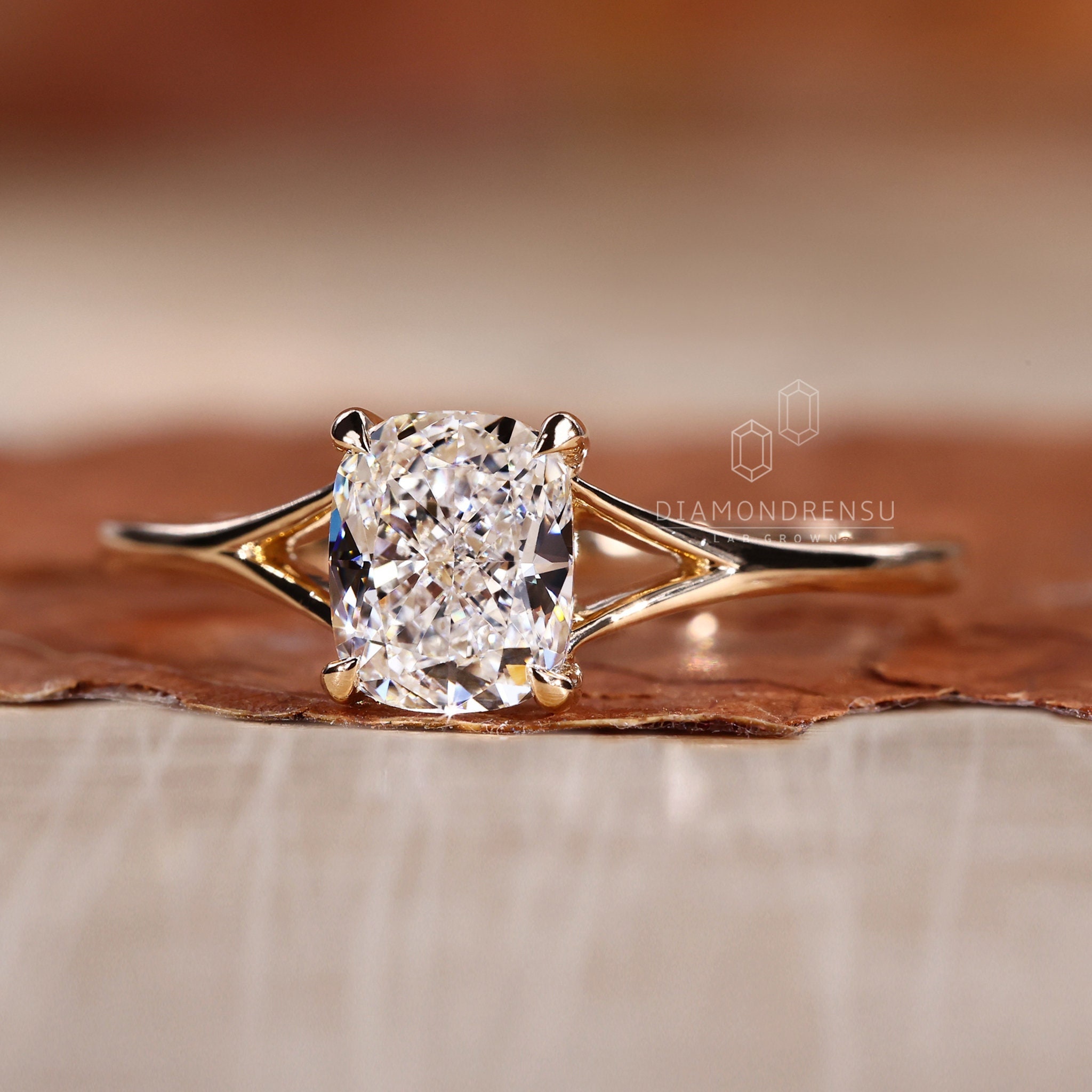 Cushion Cut Lab Created Diamond Solitaire Engagement Ring, IGI Certified 1.0/2.0 CT Elongated Cushion Cut Diamond Wedding Ring, Split Shank