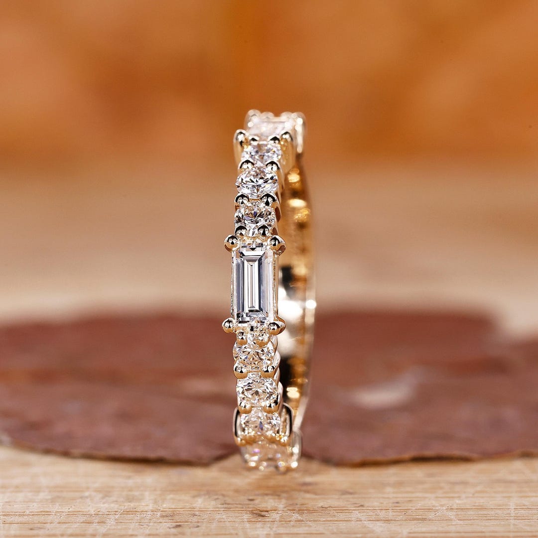 Baguette and Round Diamond Wedding Band for Engagement Ring, Half ...