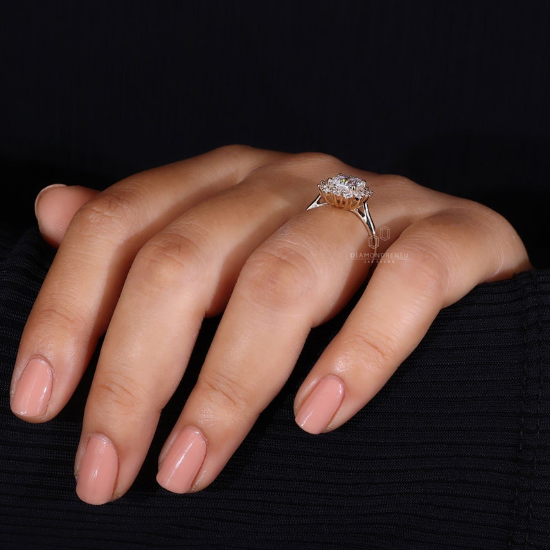 Hand showcasing the brilliant lab grown diamond ring for women.