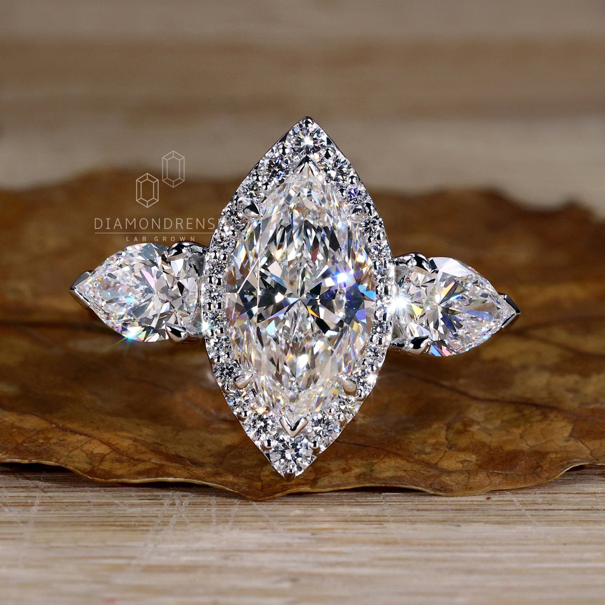 Marquise Cut Lab Grown Diamond Engagement Ring, Pear Three Stone Diamond Ring, IGI Certified Diamond Ring, Anniversary Gift, Rings for Women