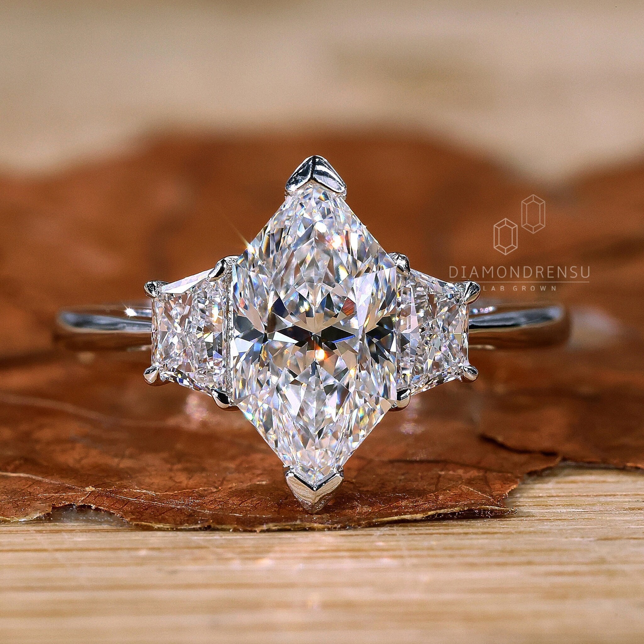Dutch Marquise Cut Lab Grown Diamond Ring, Side Trapezoid Diamond