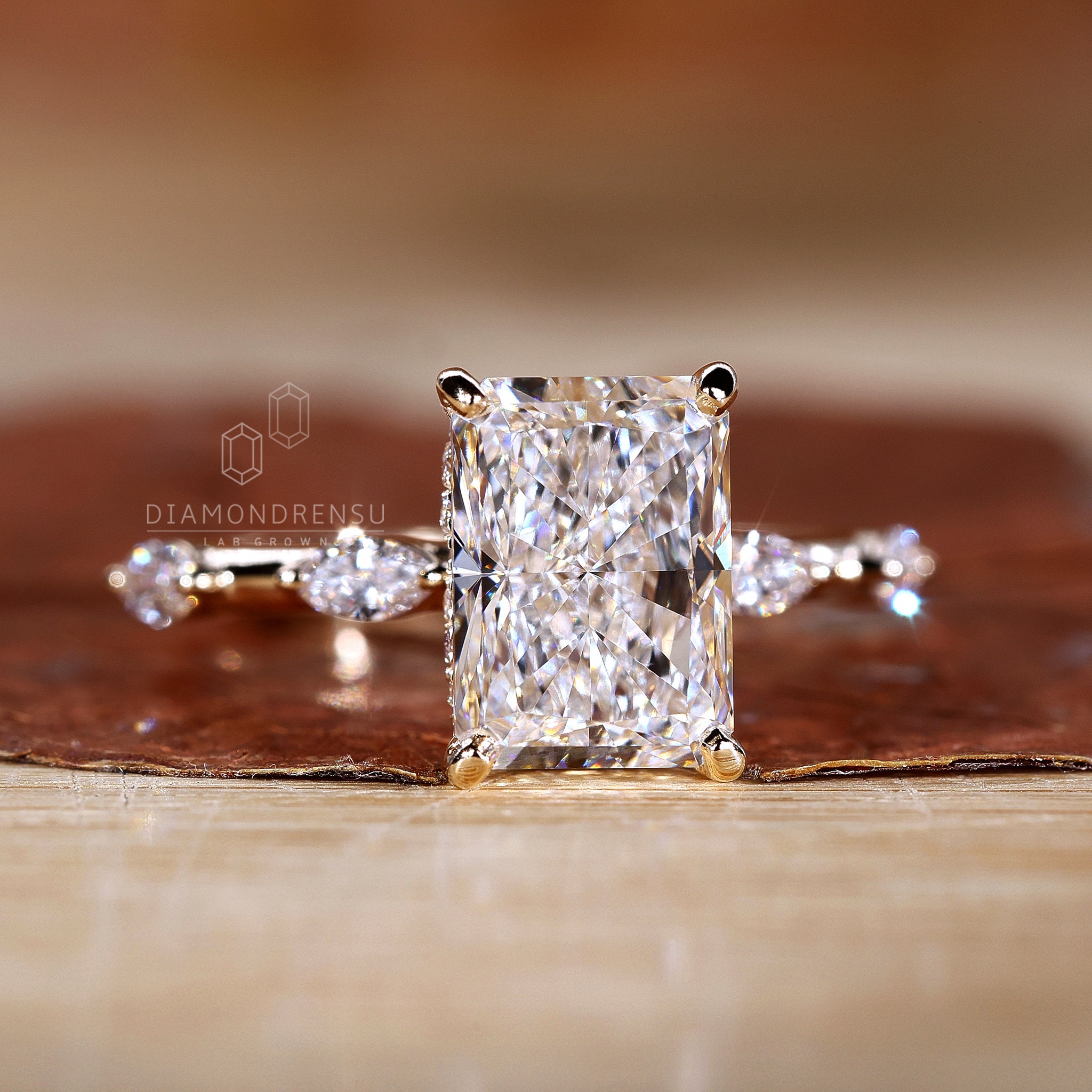Hidden Halo Engagement Ring, 1.0 to 3.0 CT Radiant Cut Lab Grown 