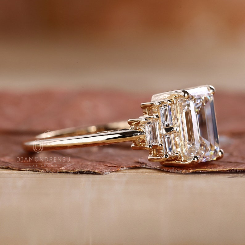 Emerald Cut Diamond Engagement Ring With Side Baguette Diamonds, IGI ...