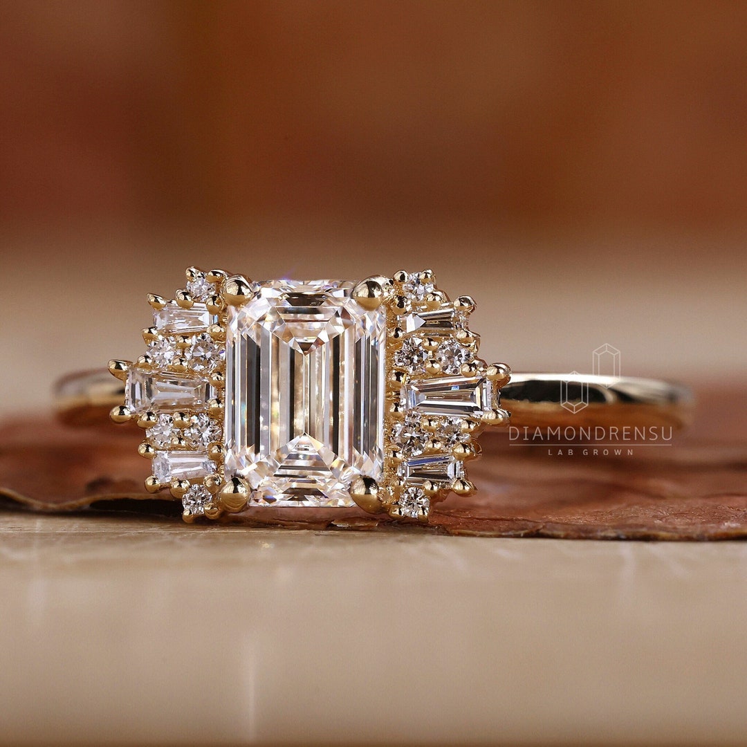 Emerald Cut Lab Grown Diamond Engagement Ring With Side Baguettes ...