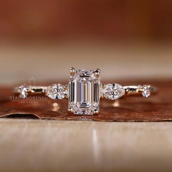 Emerald Cut Lab Grown Diamond Five Stone Ring: Handmade Gold Wedding Band