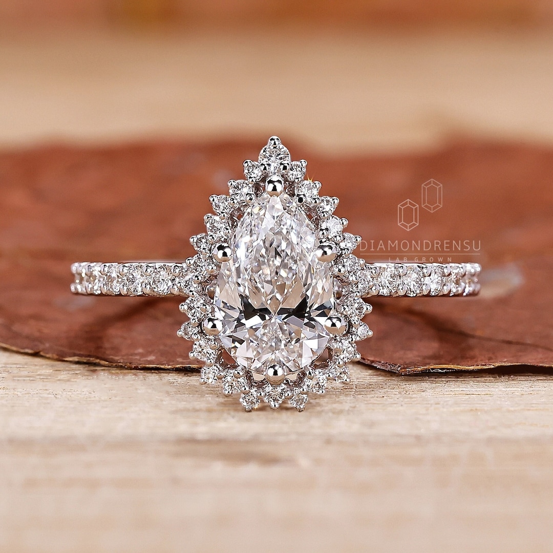 Pear Shaped Diamond Halo Engagement Ring, 1 to 2 Ct IGI Certified Lab ...