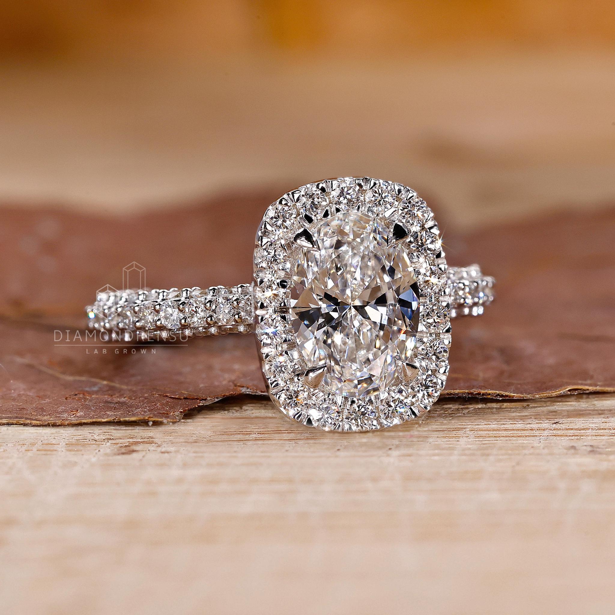 Oval Lab Grown Diamond Halo Engagement Ring, Oval Diamond Wedding 