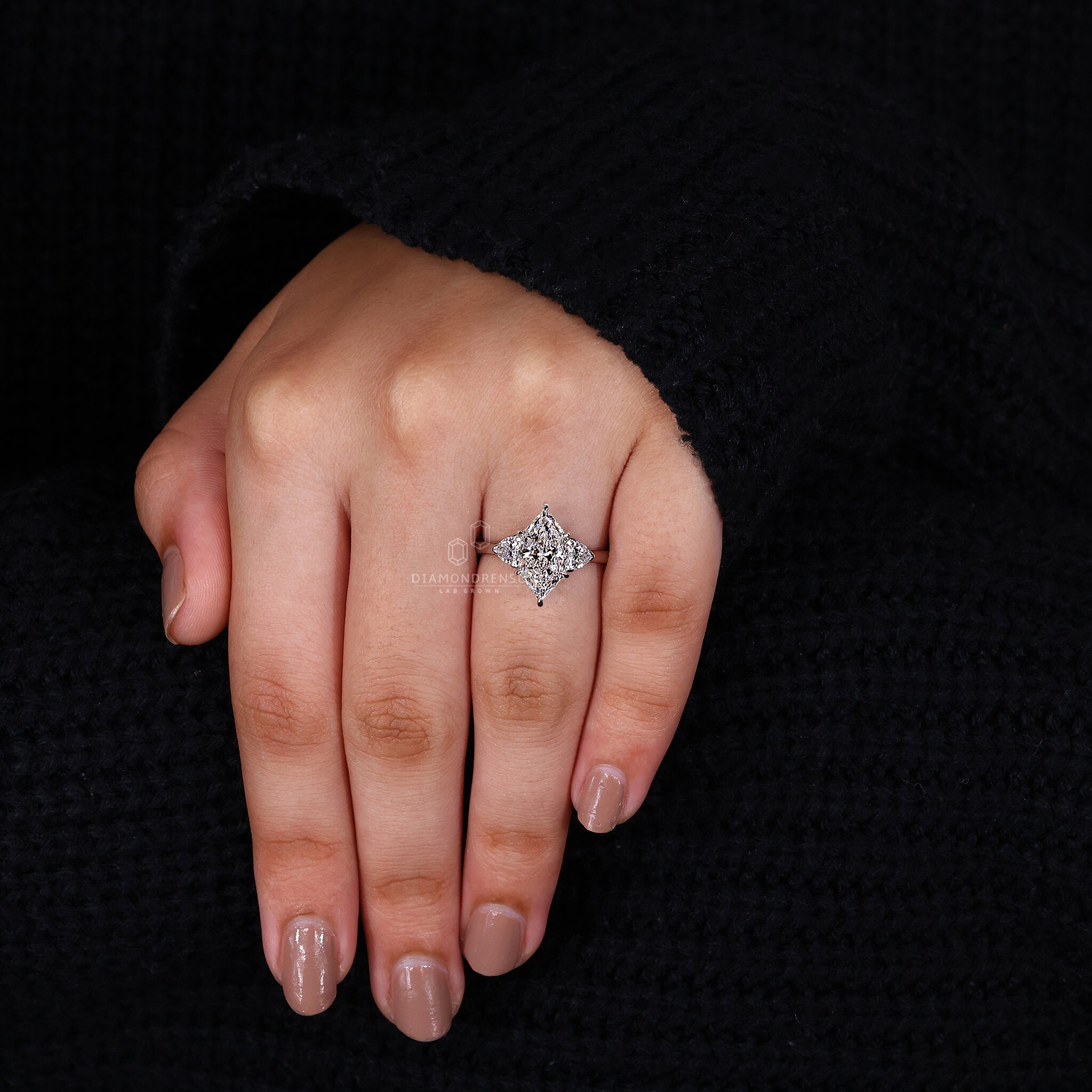 Dutch Marquise Cut Lab Grown Diamond Engagement Ring, Three Stone Ring ...