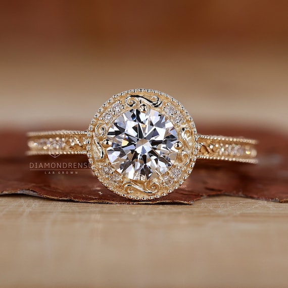 Vintage Engagement Ring, Round Lab Grown Diamond Ring, Heritage Style Art Deco Wedding Ring, Halo-Pave Setting, Best Proposal Ring for Her